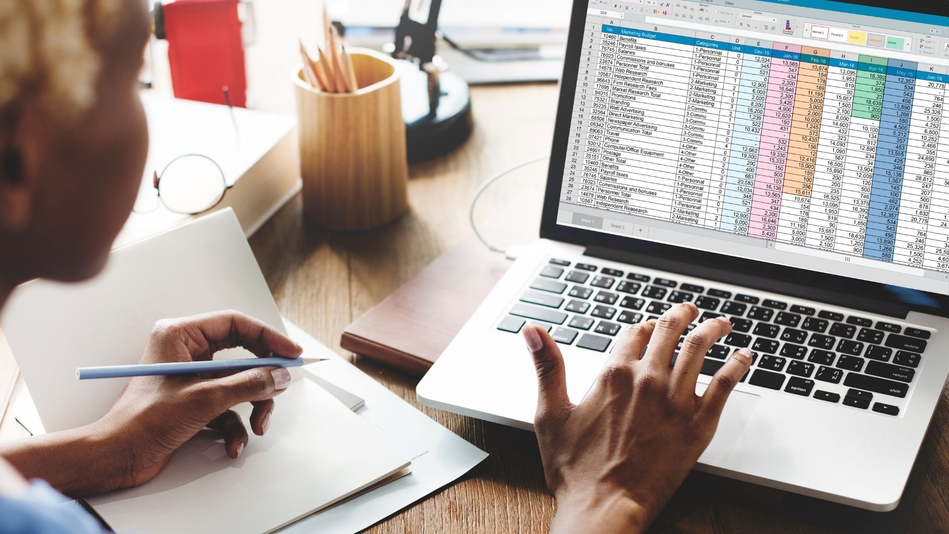 Bookkeeping services in Stockton, CA reviewing business financial records and expenses on a laptop 